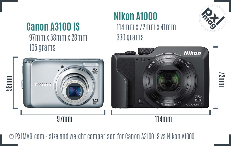 Canon A3100 IS vs Nikon A1000 size comparison