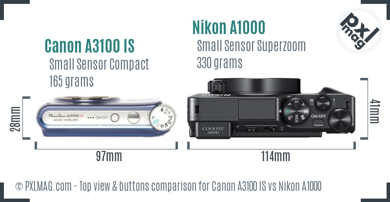 Canon A3100 IS vs Nikon A1000 top view buttons comparison