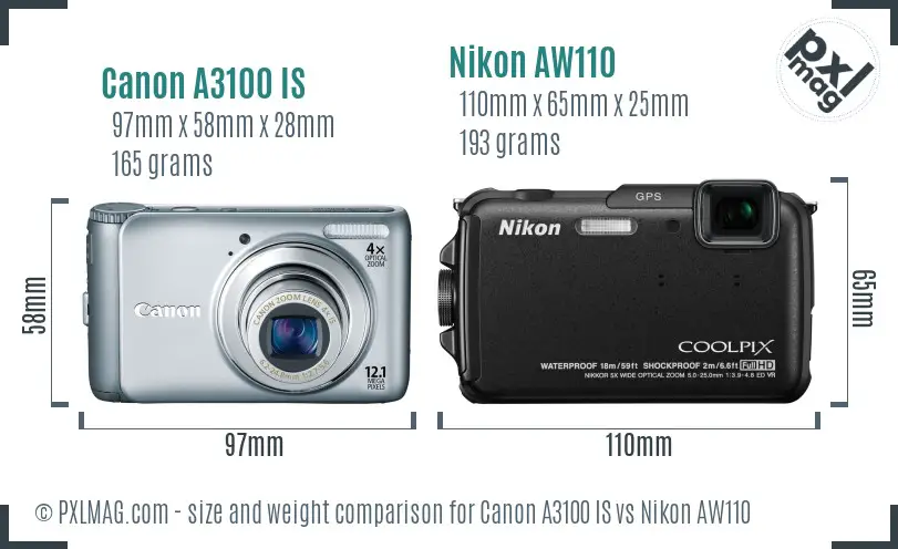Canon A3100 IS vs Nikon AW110 size comparison