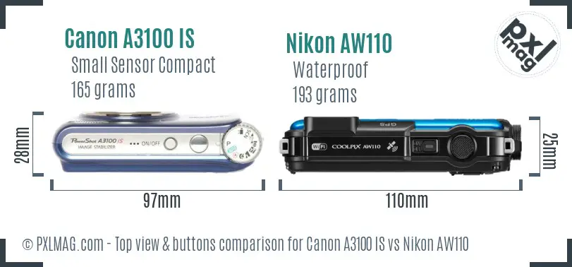 Canon A3100 IS vs Nikon AW110 top view buttons comparison