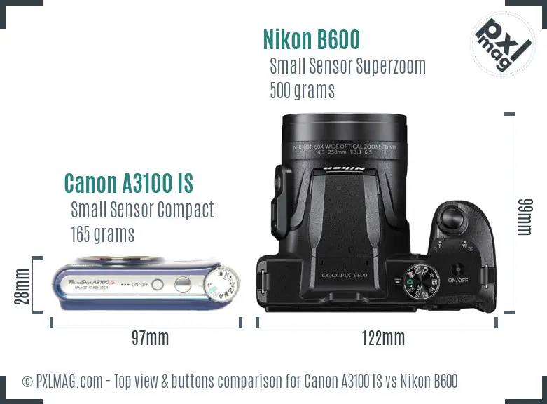 Canon A3100 IS vs Nikon B600 top view buttons comparison