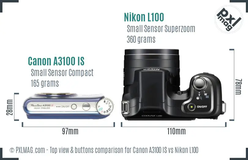 Canon A3100 IS vs Nikon L100 top view buttons comparison