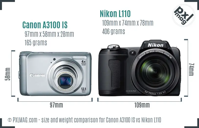 Canon A3100 IS vs Nikon L110 size comparison