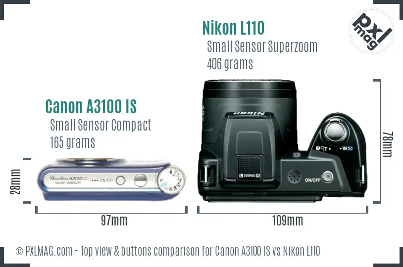 Canon A3100 IS vs Nikon L110 top view buttons comparison