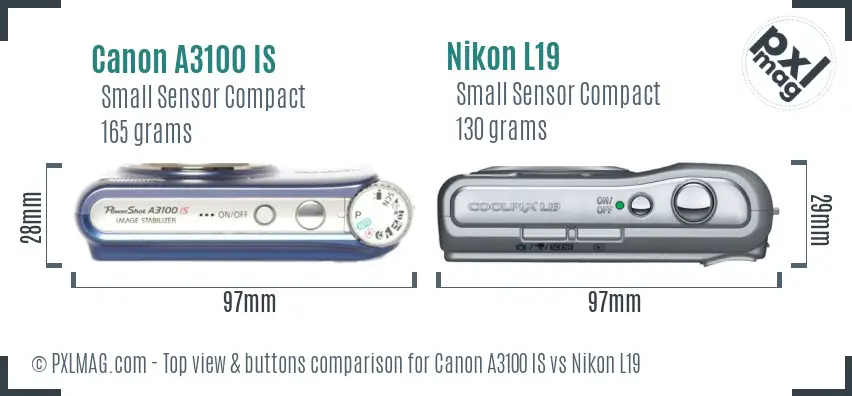 Canon A3100 IS vs Nikon L19 top view buttons comparison