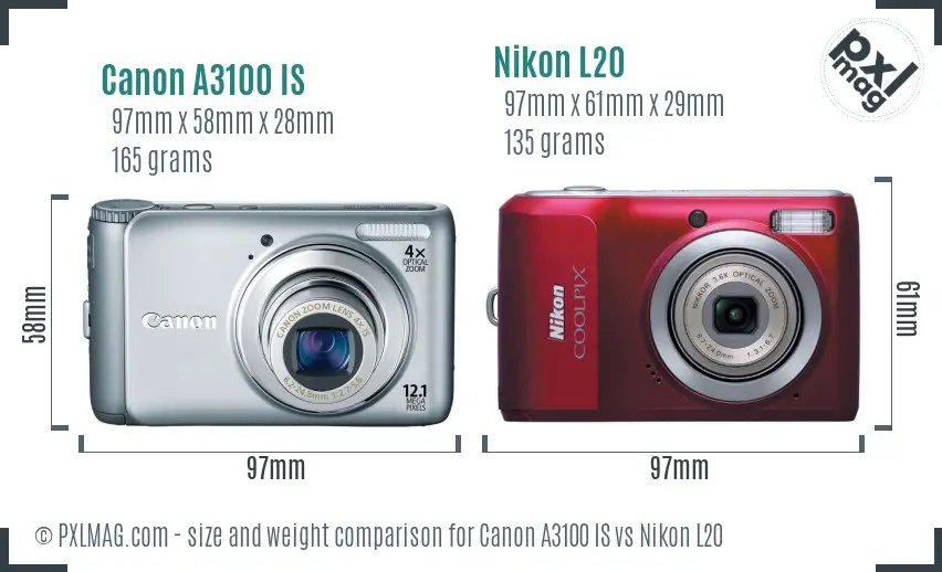 Canon A3100 IS vs Nikon L20 size comparison