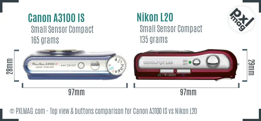 Canon A3100 IS vs Nikon L20 top view buttons comparison