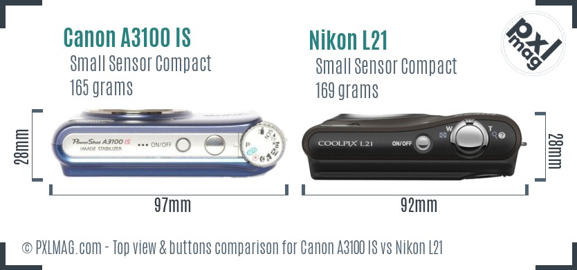 Canon A3100 IS vs Nikon L21 top view buttons comparison