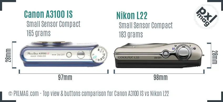Canon A3100 IS vs Nikon L22 top view buttons comparison