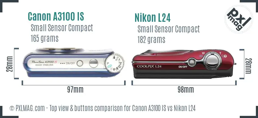 Canon A3100 IS vs Nikon L24 top view buttons comparison