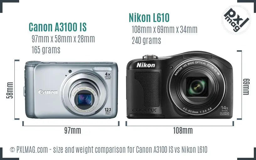 Canon A3100 IS vs Nikon L610 size comparison