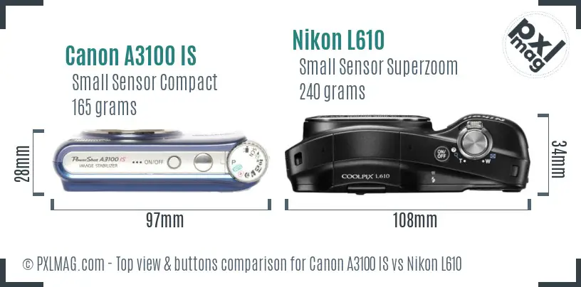 Canon A3100 IS vs Nikon L610 top view buttons comparison