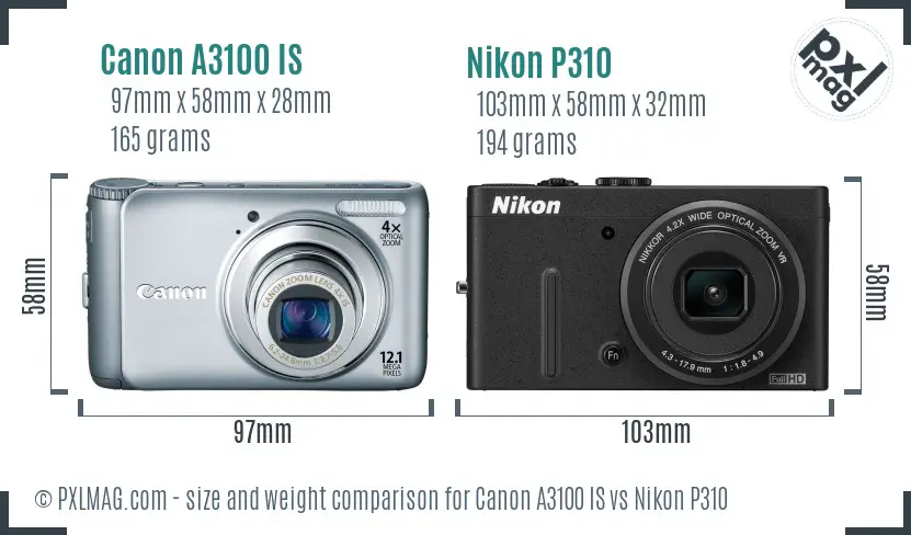 Canon A3100 IS vs Nikon P310 size comparison