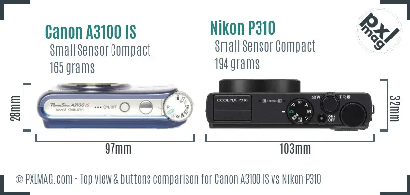 Canon A3100 IS vs Nikon P310 top view buttons comparison