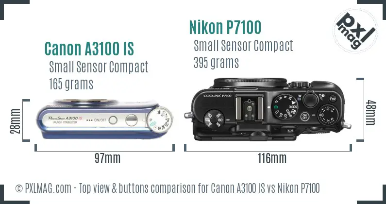 Canon A3100 IS vs Nikon P7100 top view buttons comparison