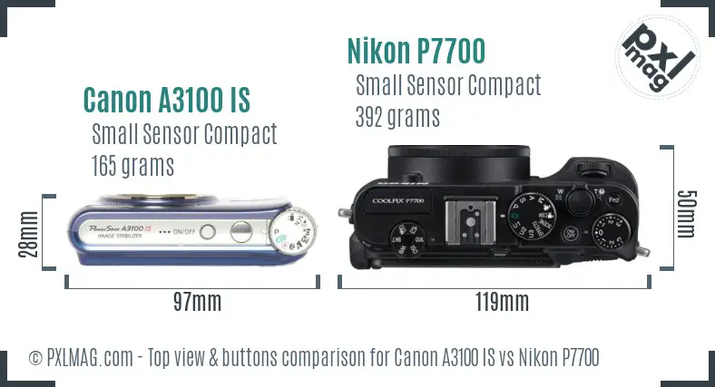 Canon A3100 IS vs Nikon P7700 top view buttons comparison