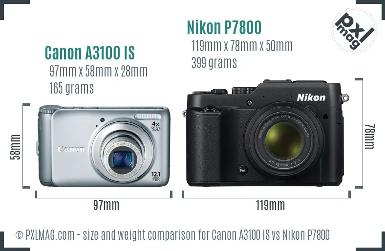 Canon A3100 IS vs Nikon P7800 size comparison