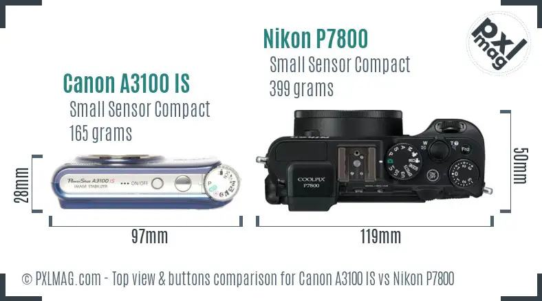 Canon A3100 IS vs Nikon P7800 top view buttons comparison