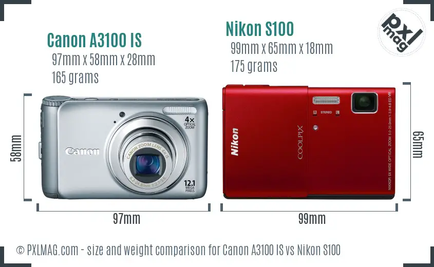 Canon A3100 IS vs Nikon S100 size comparison