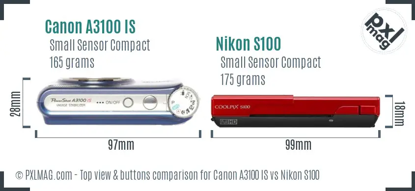 Canon A3100 IS vs Nikon S100 top view buttons comparison