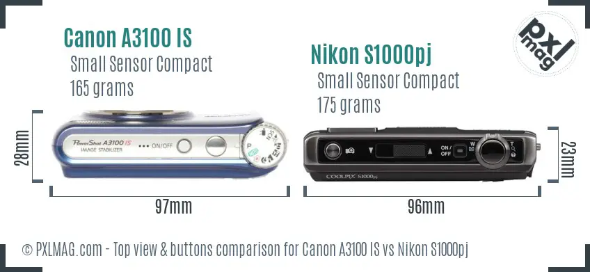 Canon A3100 IS vs Nikon S1000pj top view buttons comparison