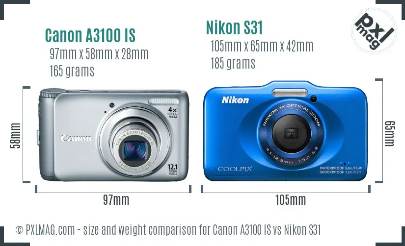 Canon A3100 IS vs Nikon S31 size comparison