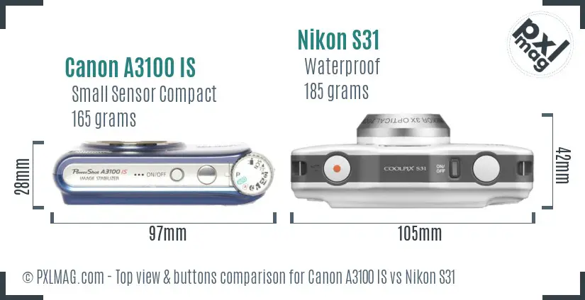 Canon A3100 IS vs Nikon S31 top view buttons comparison