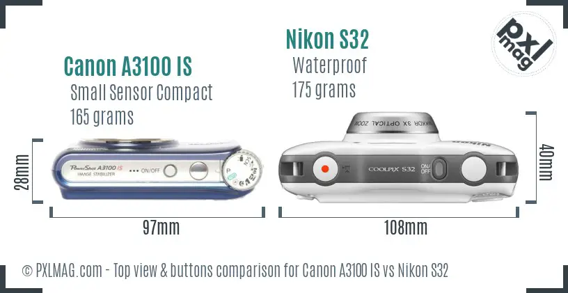 Canon A3100 IS vs Nikon S32 top view buttons comparison
