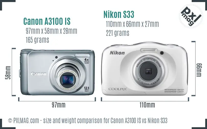 Canon A3100 IS vs Nikon S33 size comparison