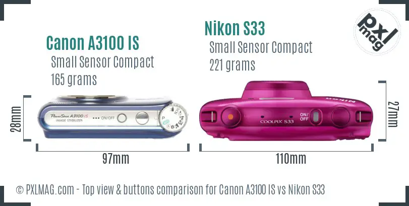 Canon A3100 IS vs Nikon S33 top view buttons comparison