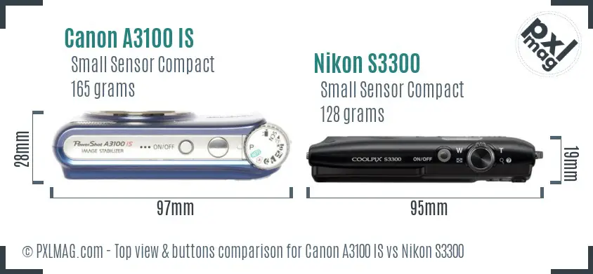 Canon A3100 IS vs Nikon S3300 top view buttons comparison