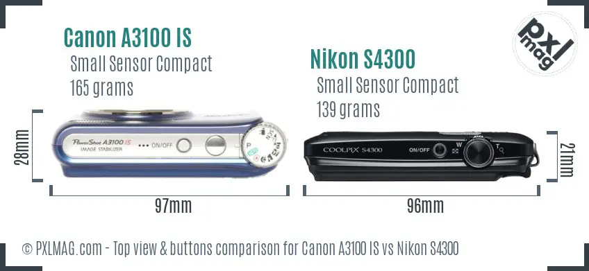 Canon A3100 IS vs Nikon S4300 top view buttons comparison