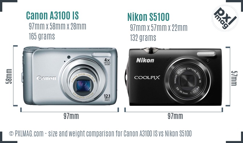 Canon A3100 IS vs Nikon S5100 size comparison