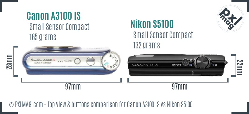 Canon A3100 IS vs Nikon S5100 top view buttons comparison