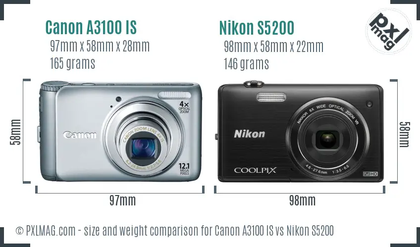 Canon A3100 IS vs Nikon S5200 size comparison