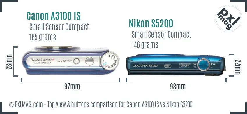 Canon A3100 IS vs Nikon S5200 top view buttons comparison