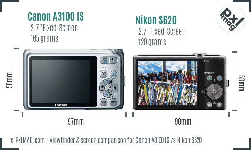 Canon A3100 IS vs Nikon S620 Screen and Viewfinder comparison