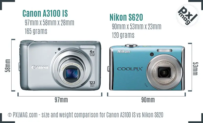 Canon A3100 IS vs Nikon S620 size comparison