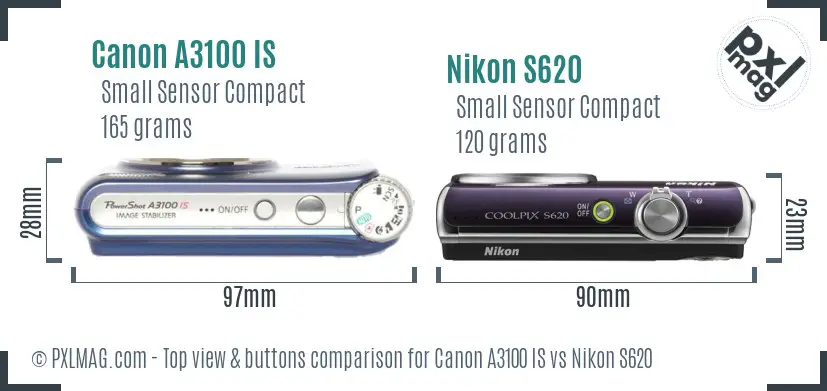 Canon A3100 IS vs Nikon S620 top view buttons comparison