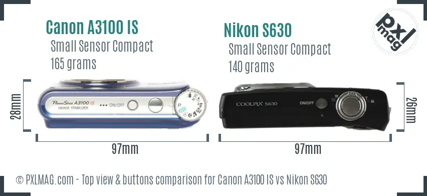 Canon A3100 IS vs Nikon S630 top view buttons comparison