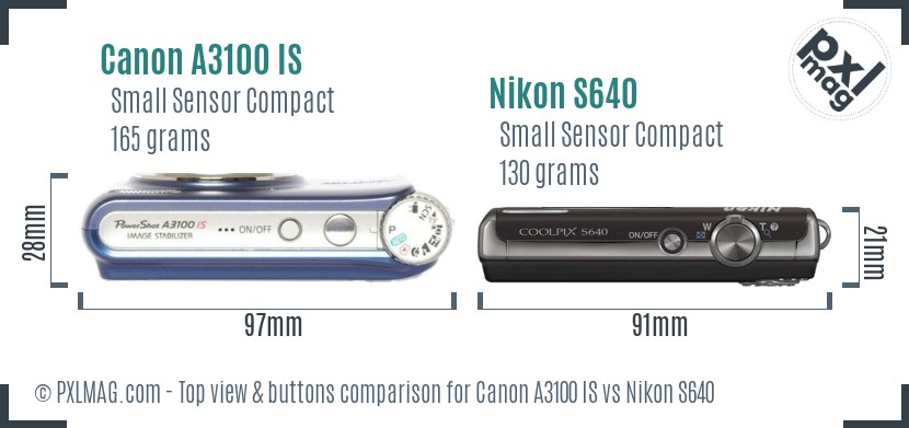 Canon A3100 IS vs Nikon S640 top view buttons comparison