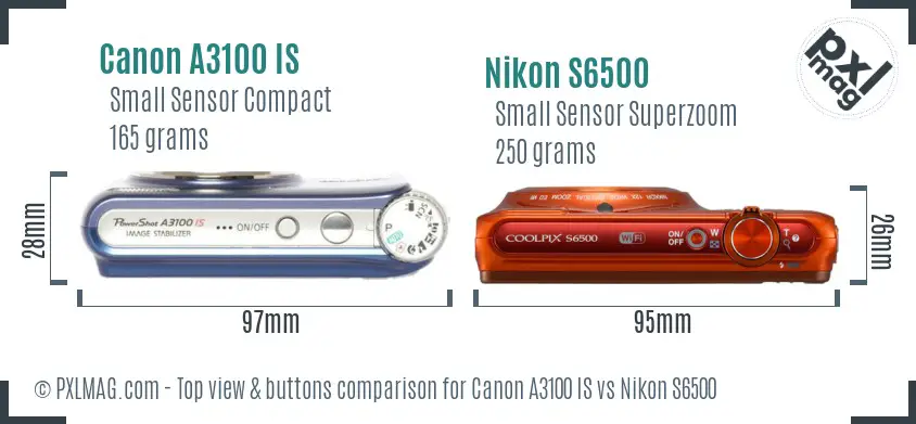 Canon A3100 IS vs Nikon S6500 top view buttons comparison