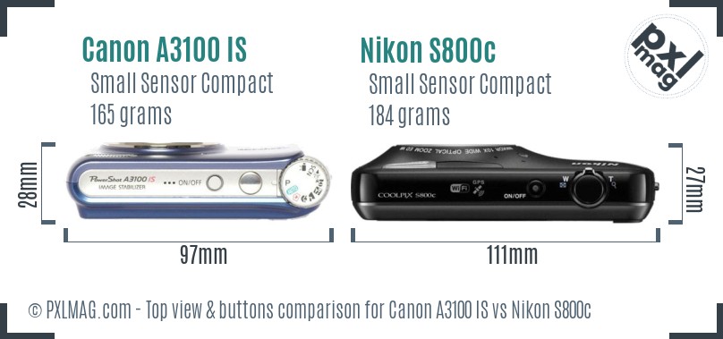 Canon A3100 IS vs Nikon S800c top view buttons comparison