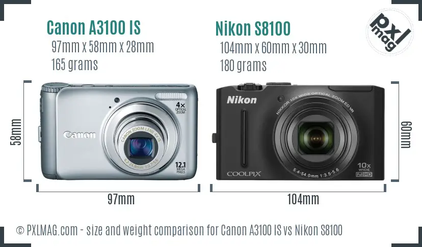 Canon A3100 IS vs Nikon S8100 size comparison