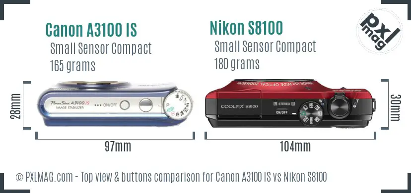 Canon A3100 IS vs Nikon S8100 top view buttons comparison