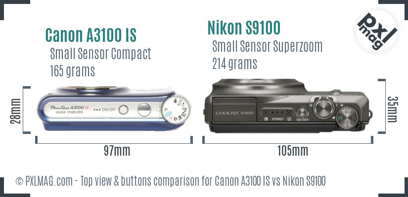 Canon A3100 IS vs Nikon S9100 top view buttons comparison