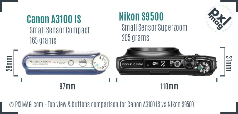 Canon A3100 IS vs Nikon S9500 top view buttons comparison