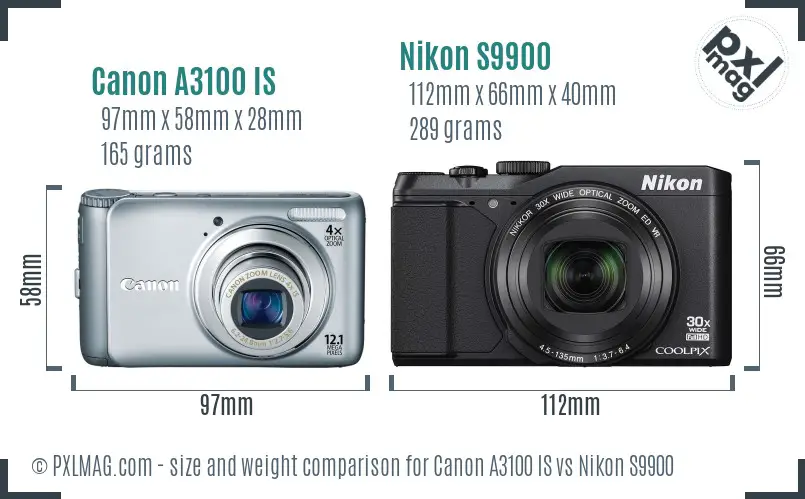 Canon A3100 IS vs Nikon S9900 size comparison