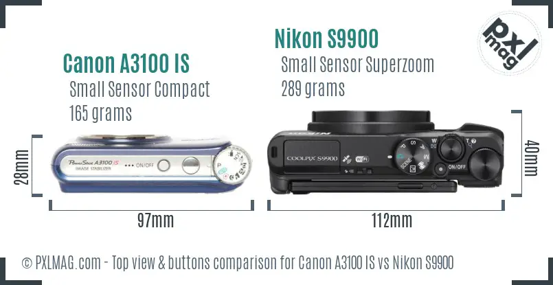 Canon A3100 IS vs Nikon S9900 top view buttons comparison
