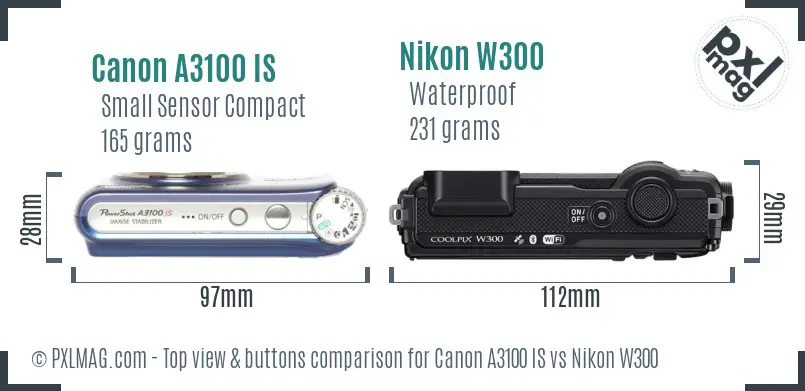 Canon A3100 IS vs Nikon W300 top view buttons comparison